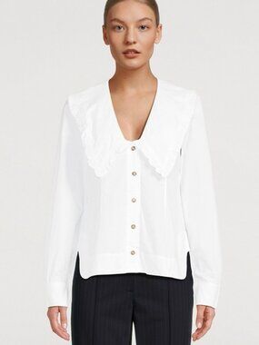 NWT GANNI Ruffle Collar Organic Cotton Poplin Blouse Size EU 40/ US 8